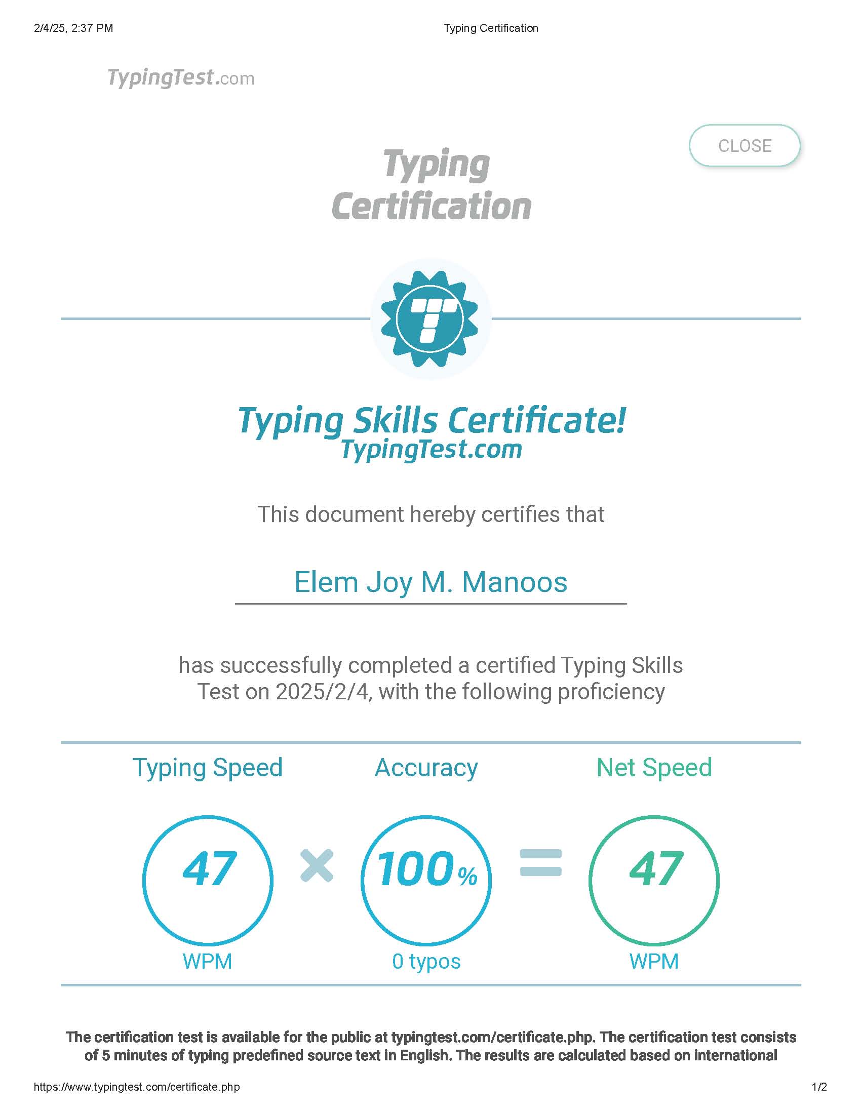 Typing Certificate