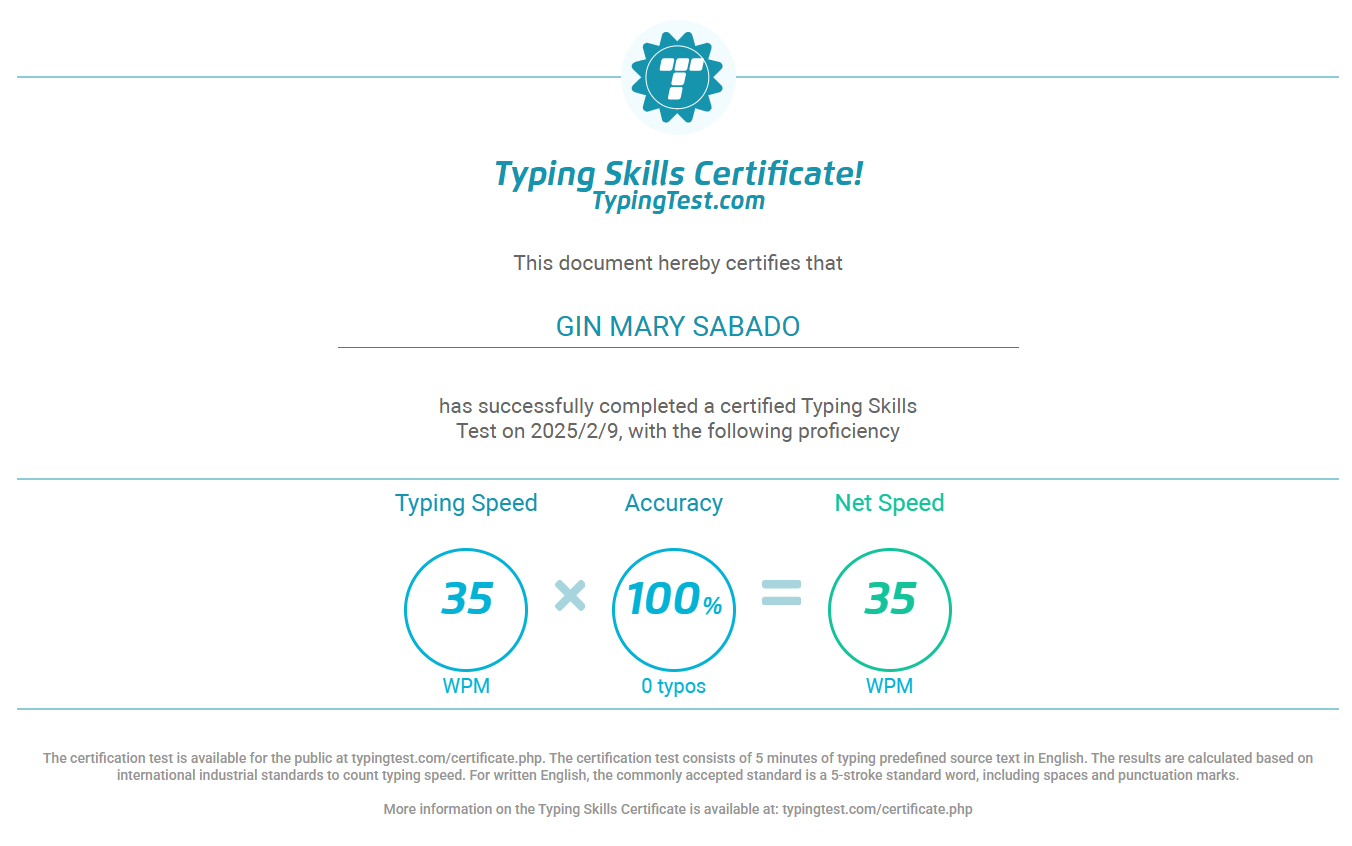 Typing Certificate