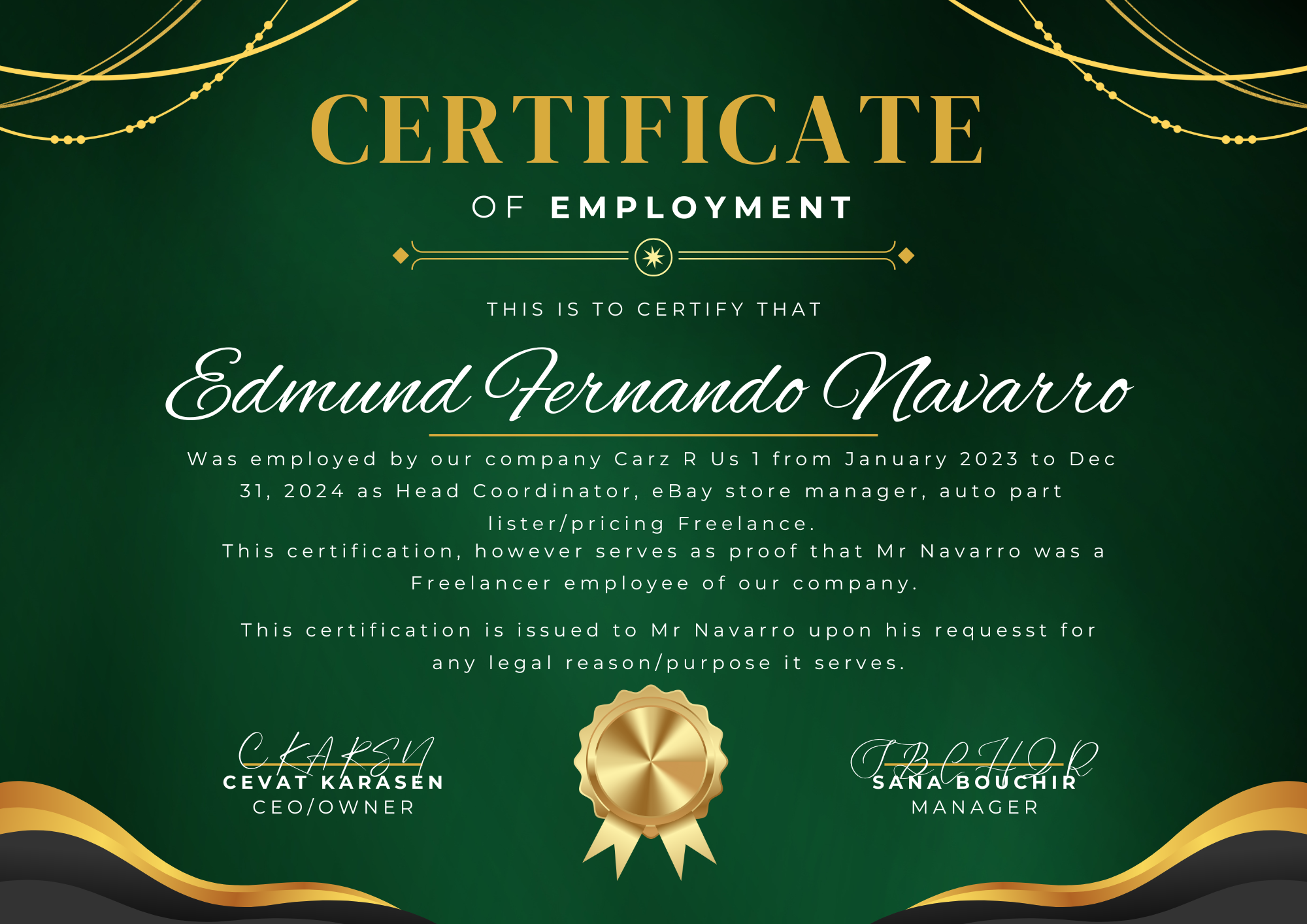 Certificate of employment