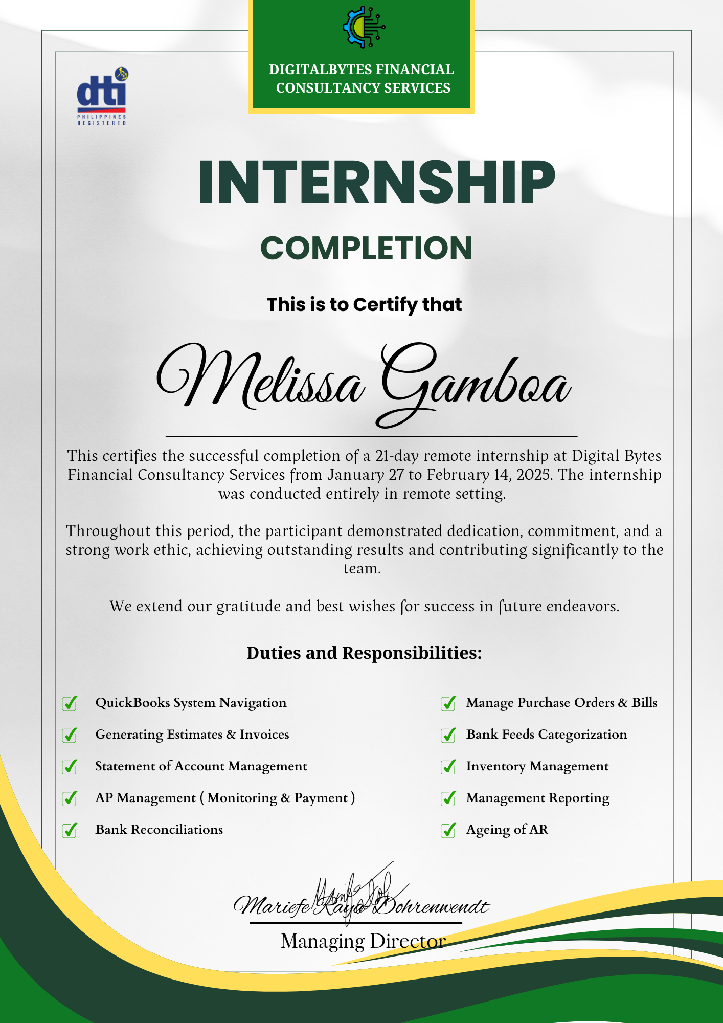 Quickbooks Online Internship completion