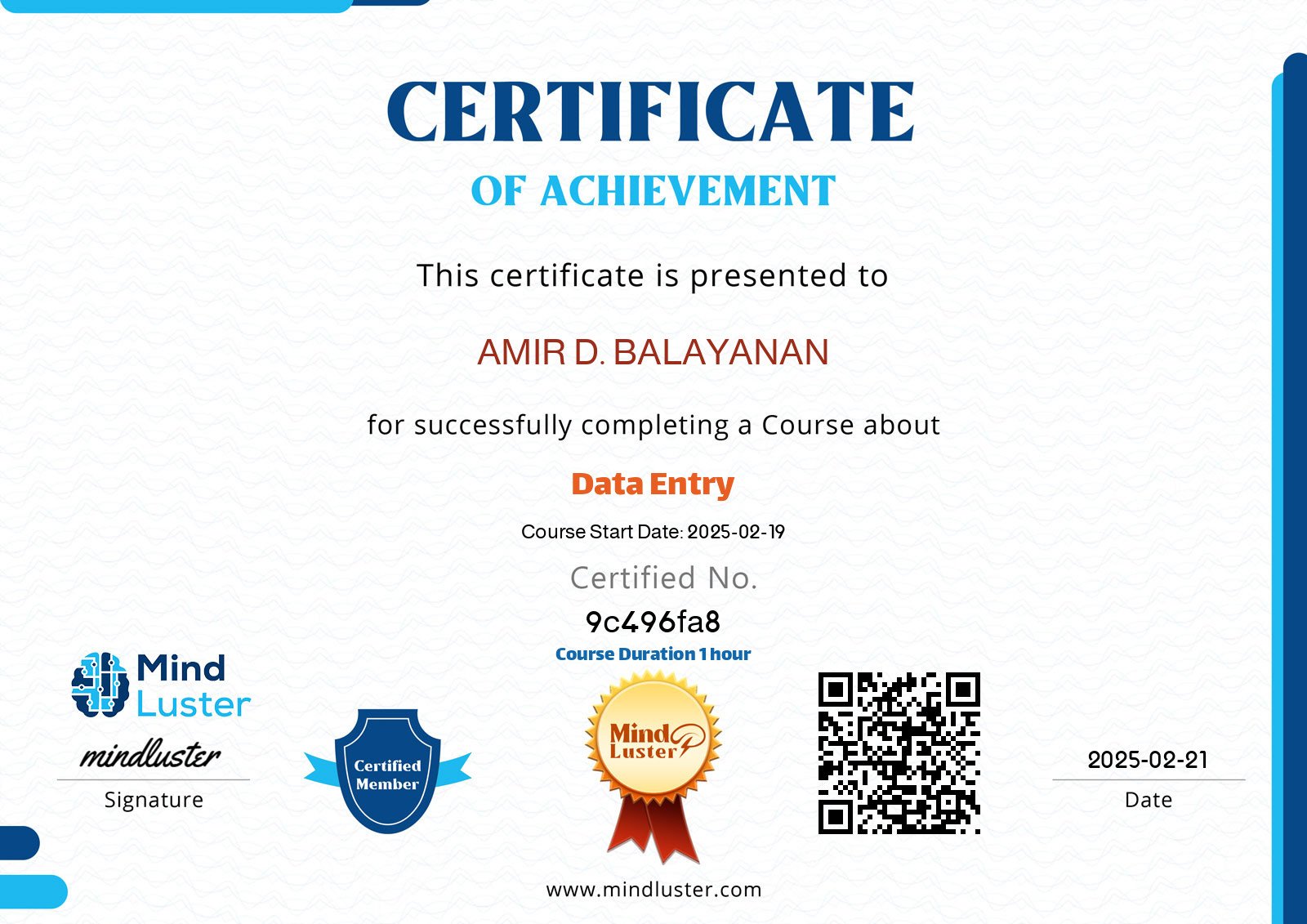 Data Entry Certificate