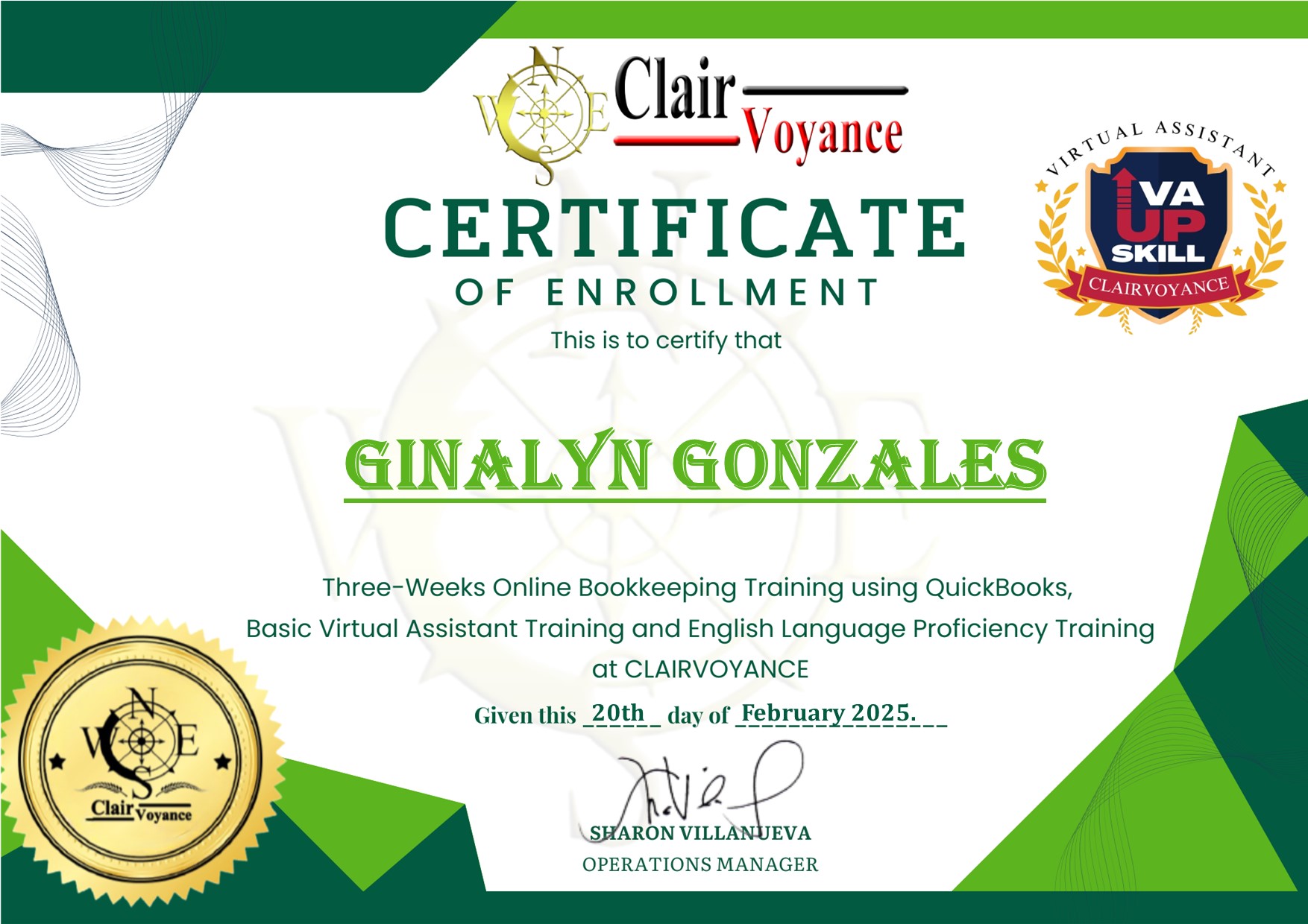 Quickbook Cert, of Enrolment