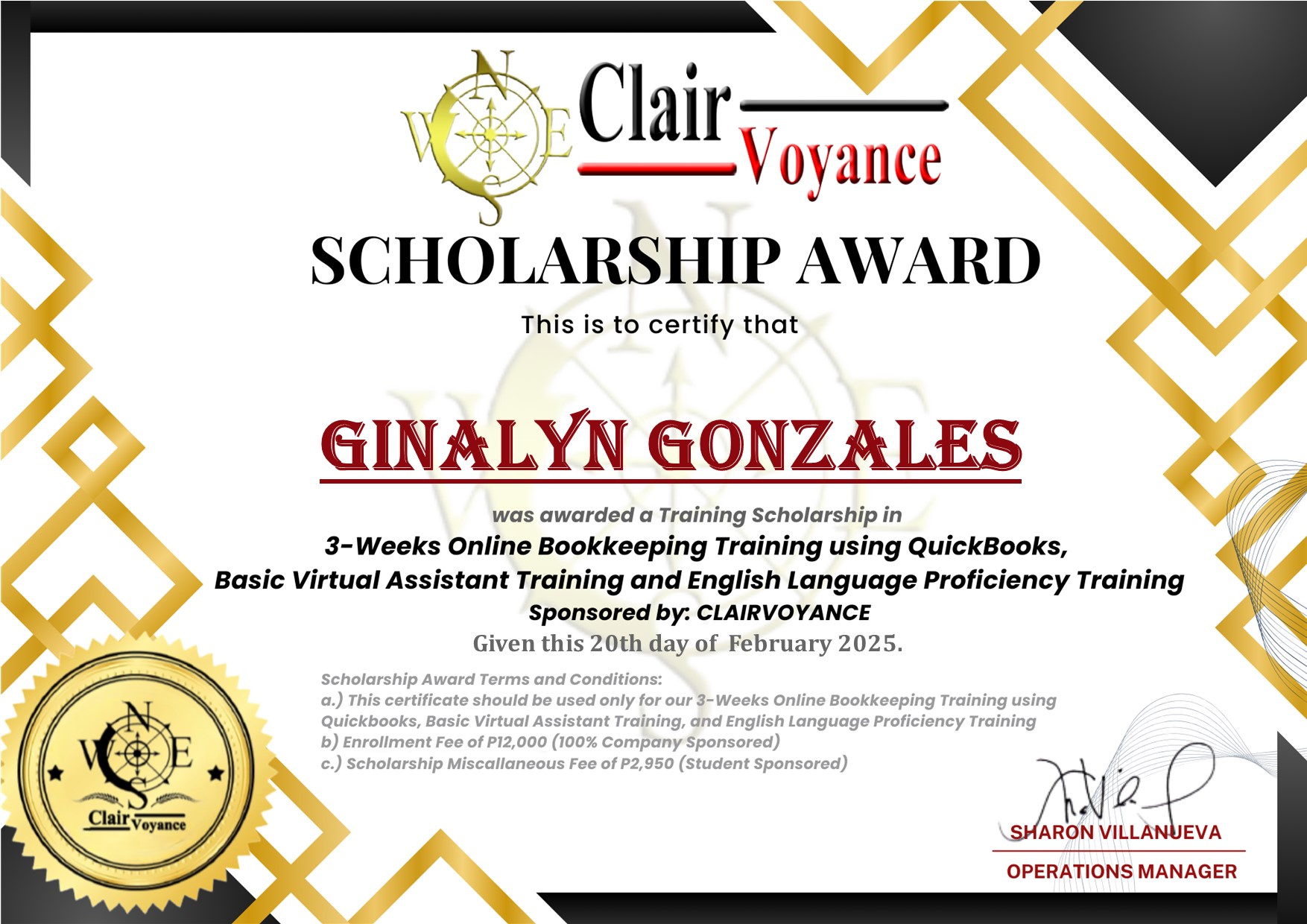 QuickBooks, Scholarship Cert.