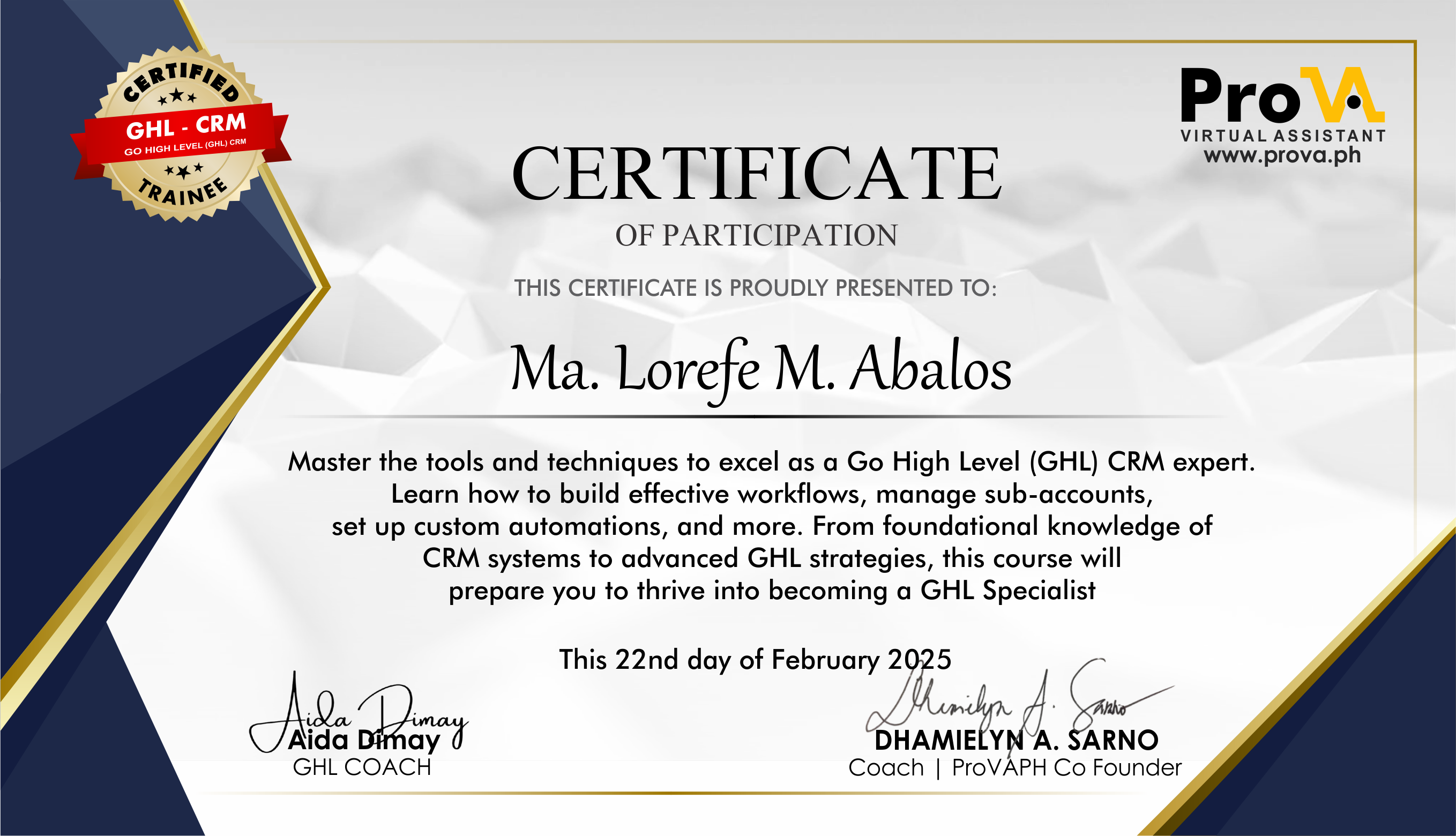 CRM -GHL TRAINING CERTIFICATE