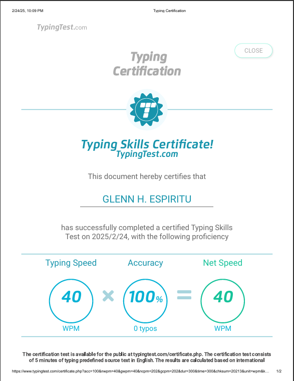 Typing Skills Certificate