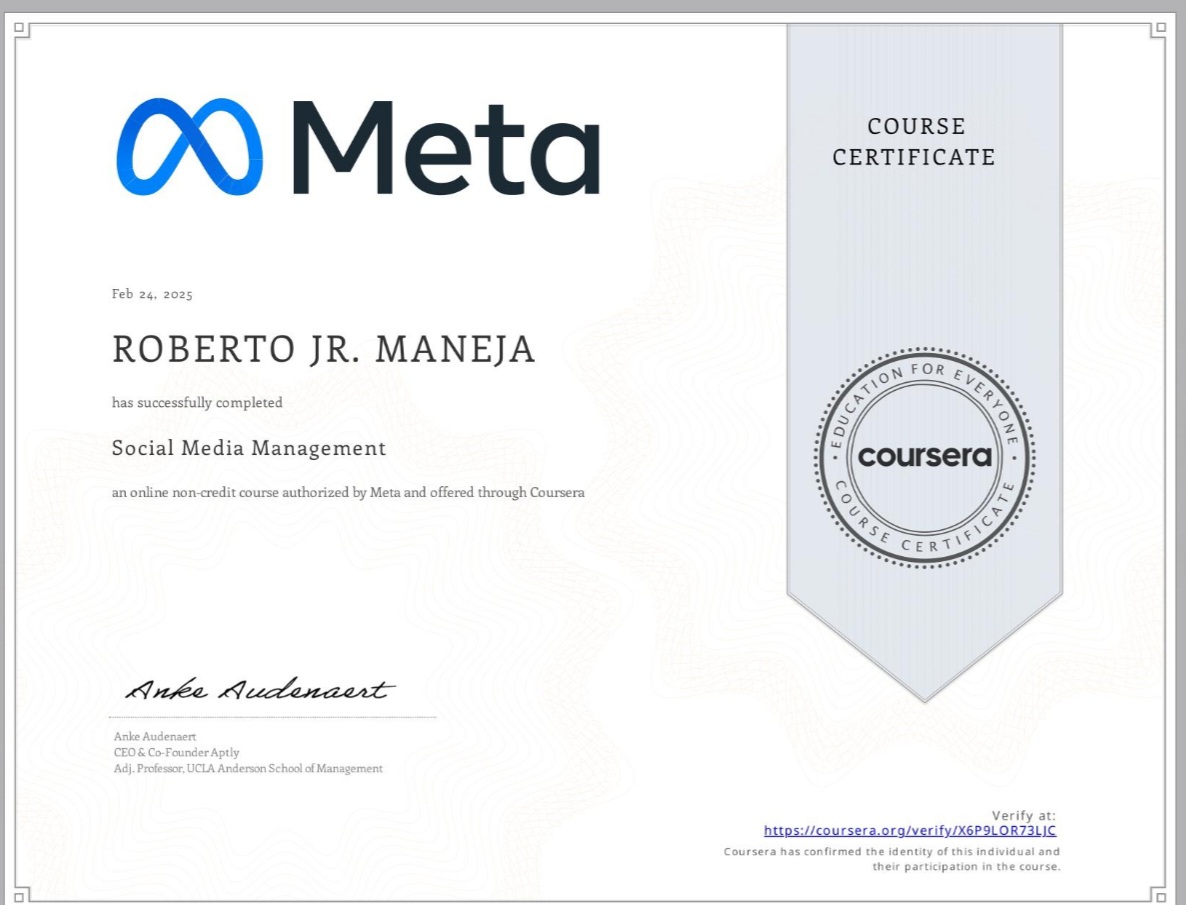 COURSERA  CERTIFICATE ON SOCIAL MEDIA MANAGEMENT
