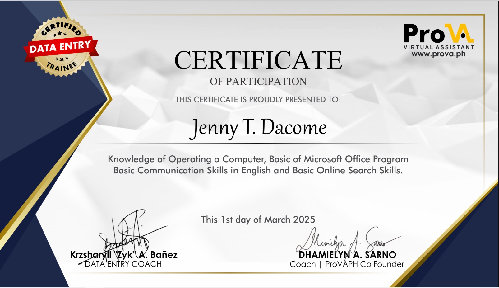 Data Entry Training Certificate