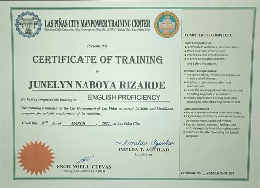 certificate of training in English Proficiency