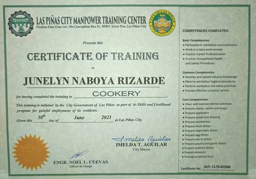 certificate of training in Cookery