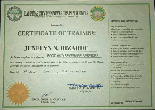 certificate of training in Food and Beverage Services