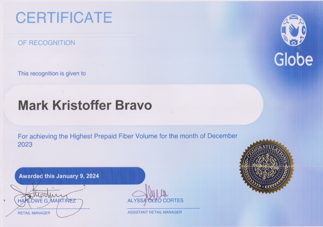Certificate of Recognition for Highest Prepaid Fiber in terms of volume