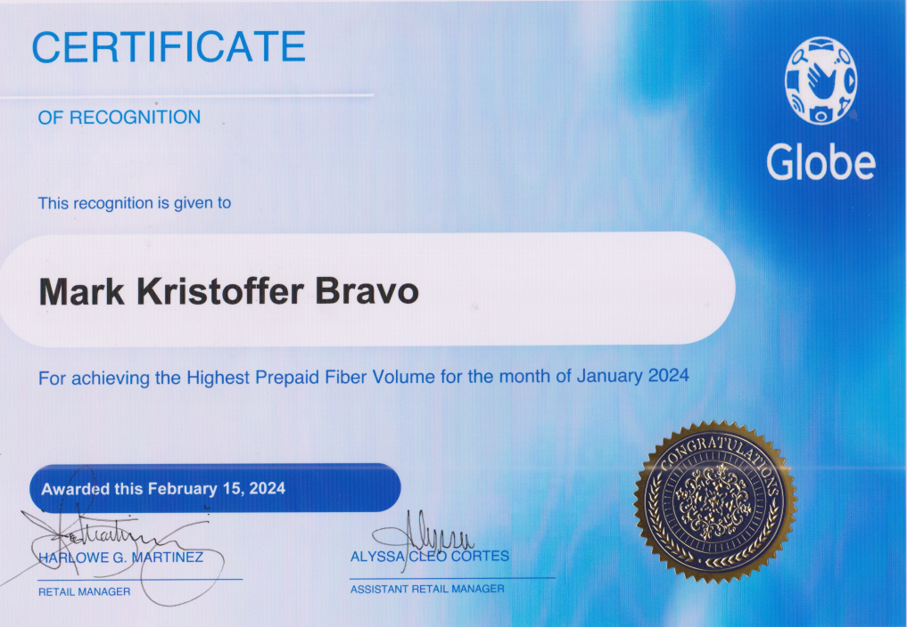 Certificate of Recognition for Highest Prepaid Fiber in terms of volume