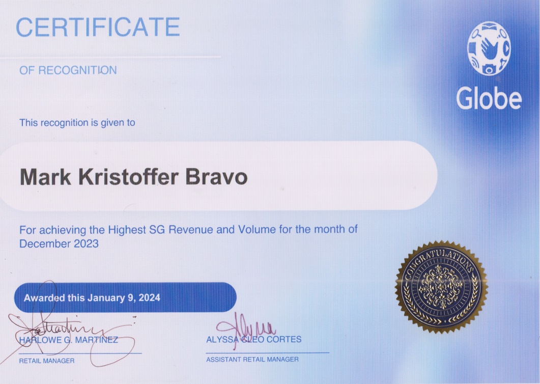 Certificate of Recognition for Highest SG Revenue and Volume