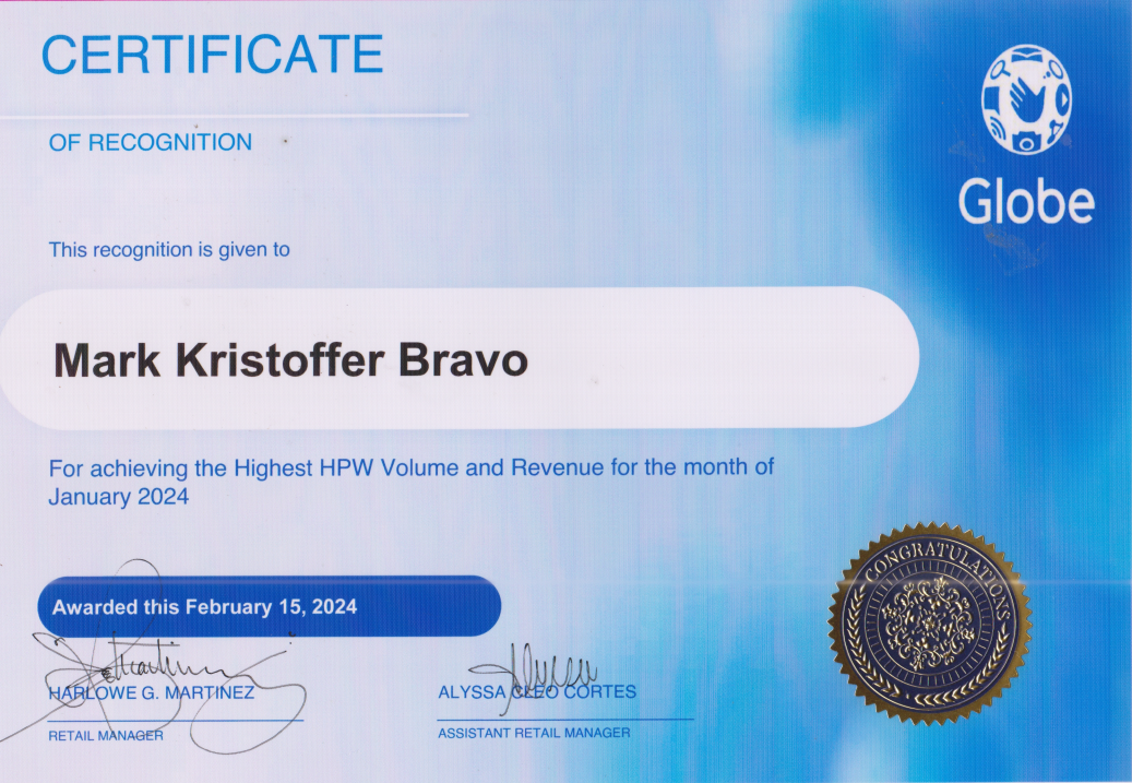 Certificate of Recognition for Highest HPW Volume and Revenue