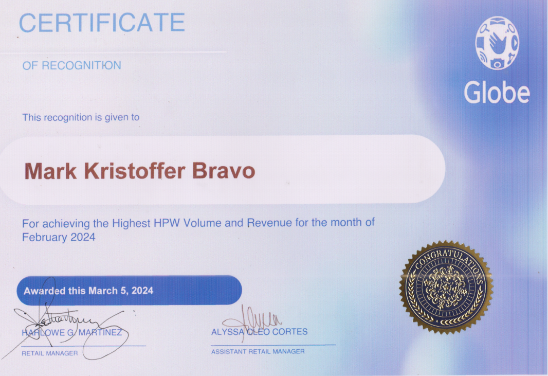 Certificate of Recognition for Highest HPW Volume and Revenue