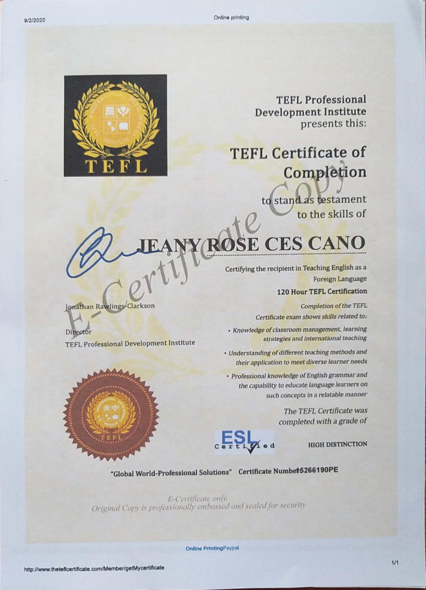 ESL Certificate