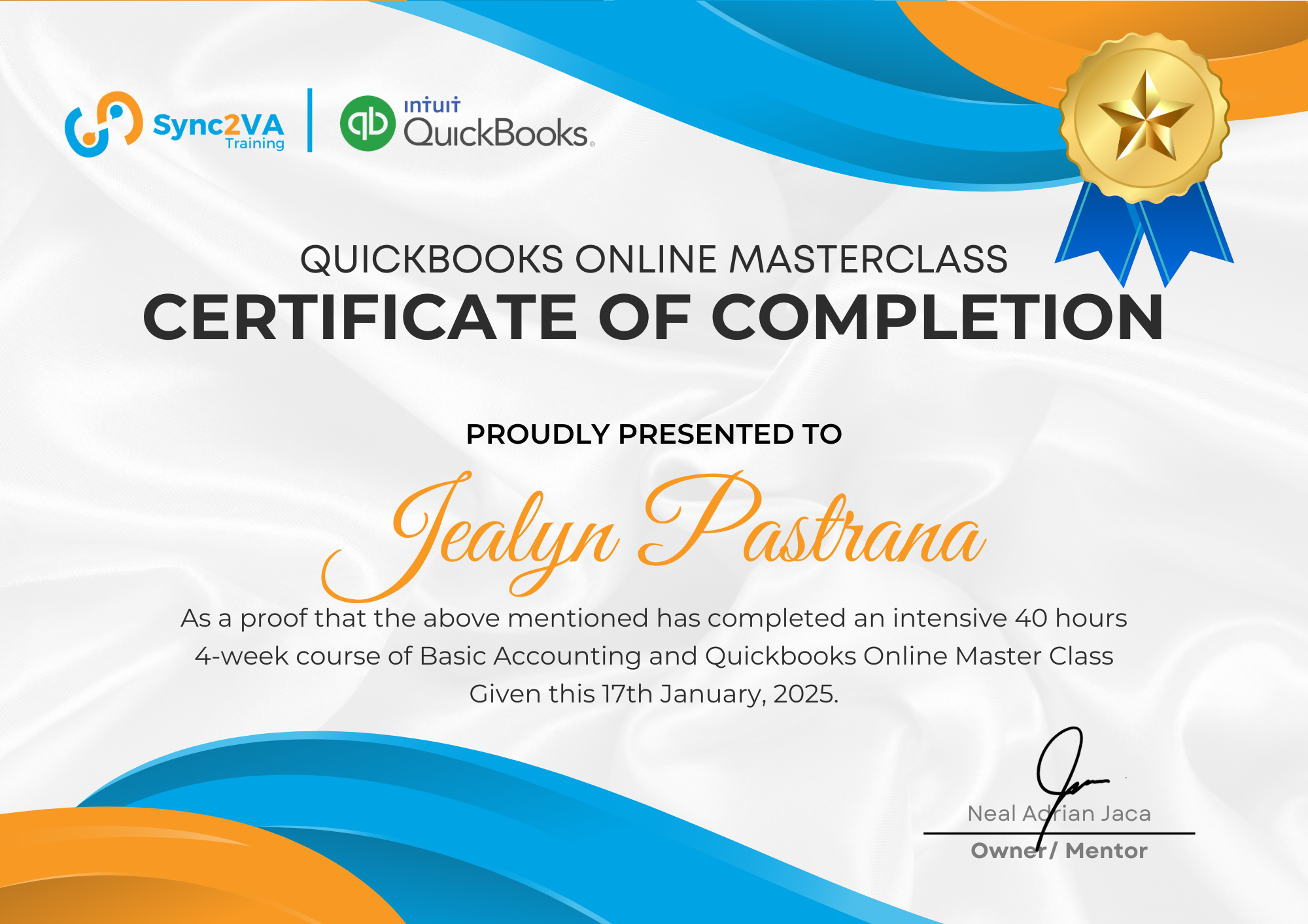 Certificate of Completion Quickbooks Online MasterClass