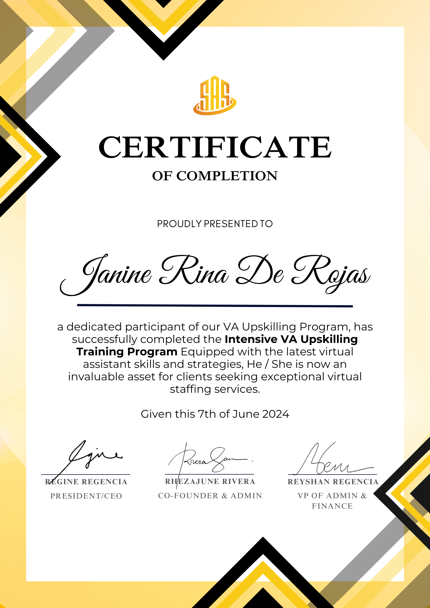 VA Training Cert