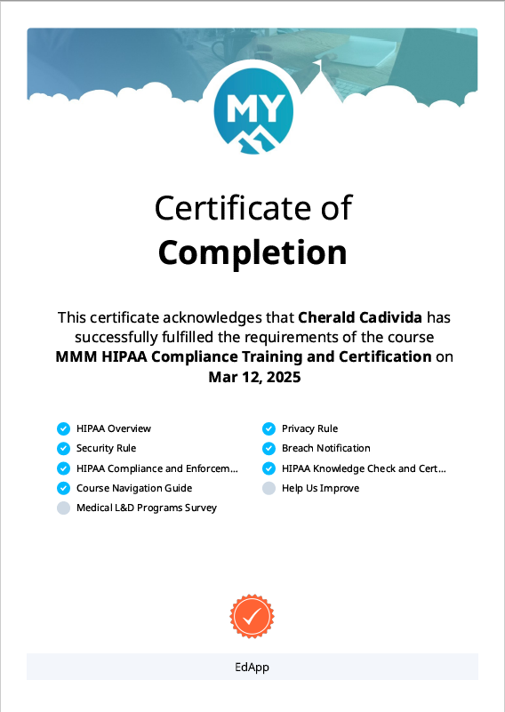 HIPAA Compliance Training  Certificate