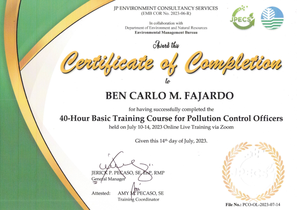 Pollution Control Officer_40 Hour Basic Training Certificate