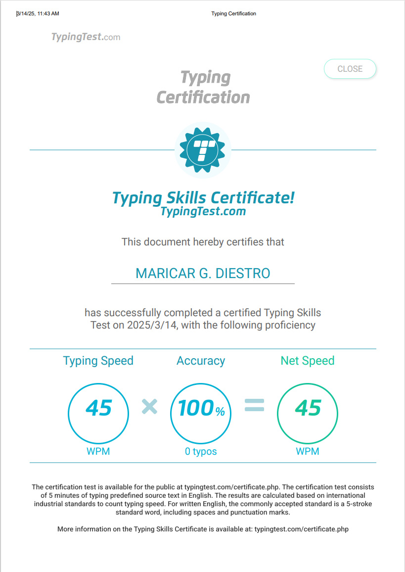 Typing Test Certificate