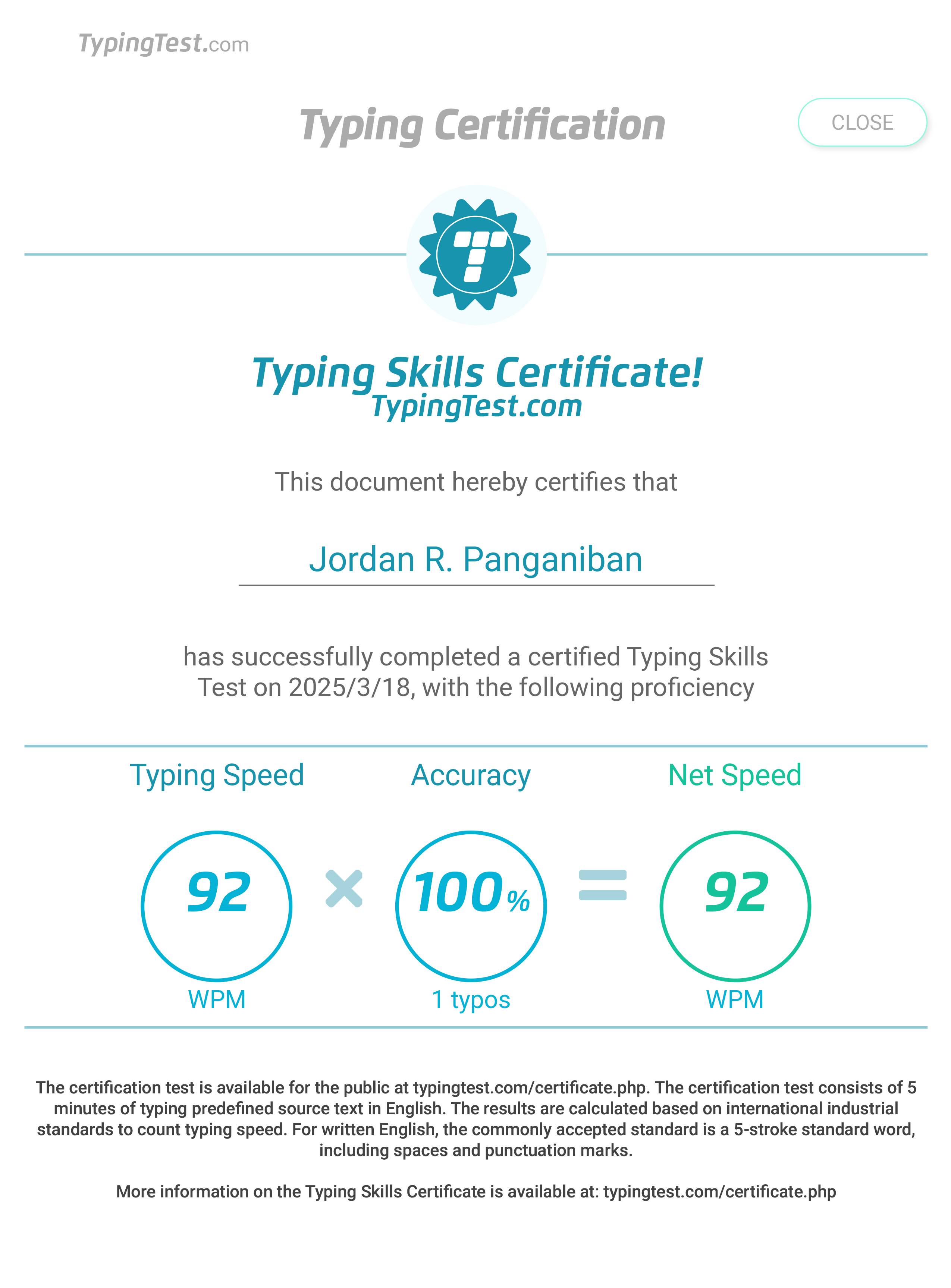 Typing Certification from Typingtest.com