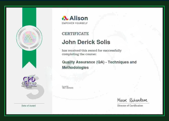 Alisson Certificate - Quality Assurance