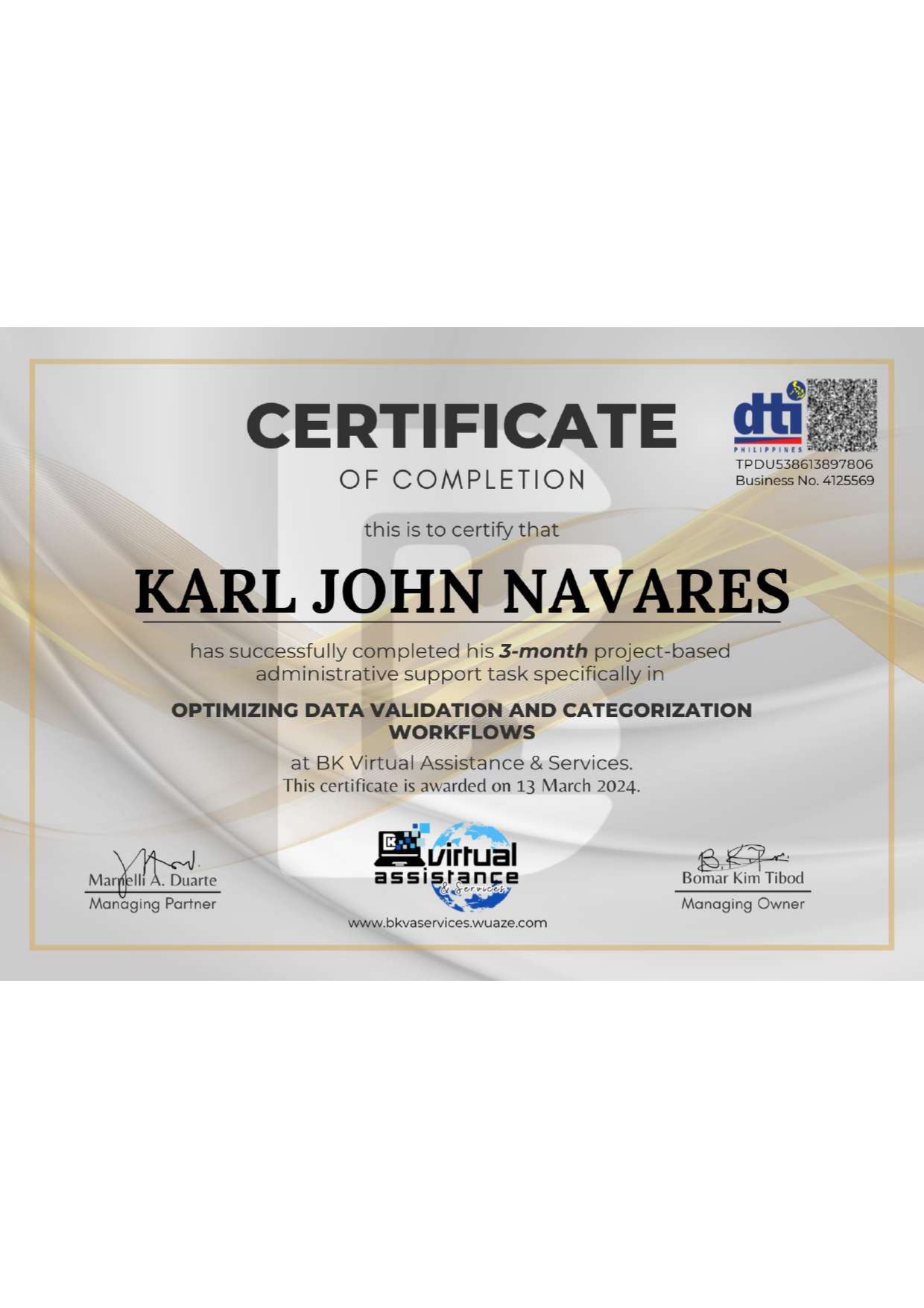 Certificate Of Employment BK VIRTUAL ASSISTANCE & SERVICES