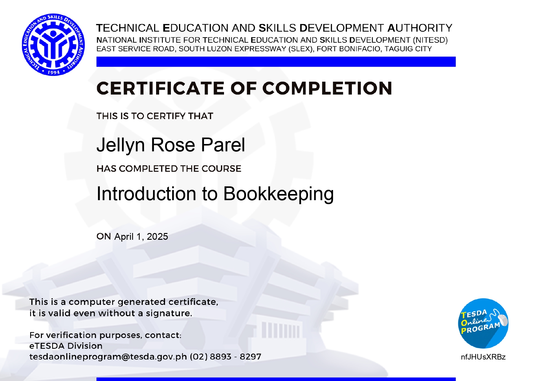 Introduction to Bookkeeping Certificate