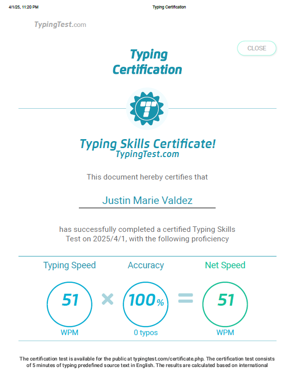 Typing Test Certificate