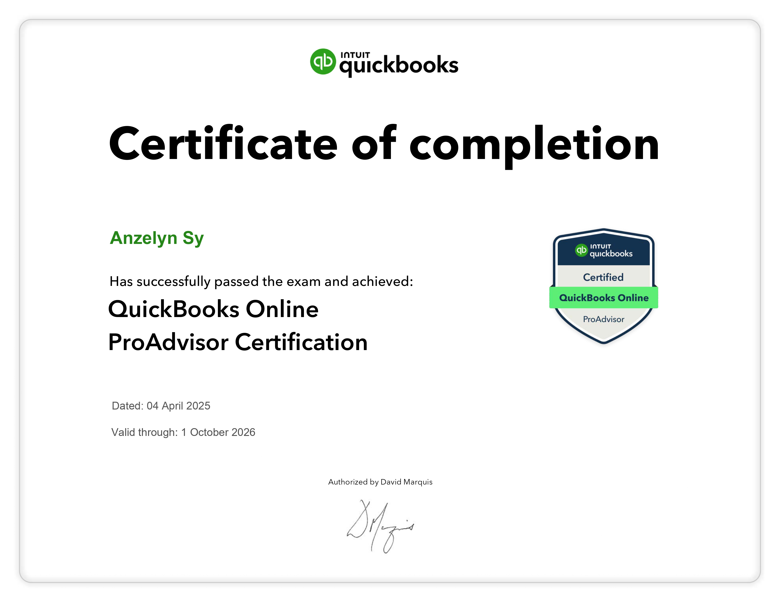 Quickbooks Online Certificate