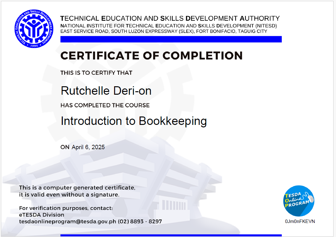 TESDA - NC III Intro to Bookkeeping