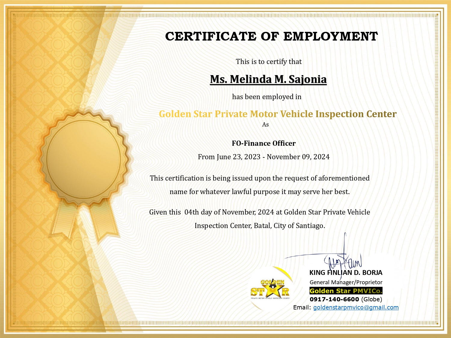 Certificate of Employment -Golden Star PMVICo