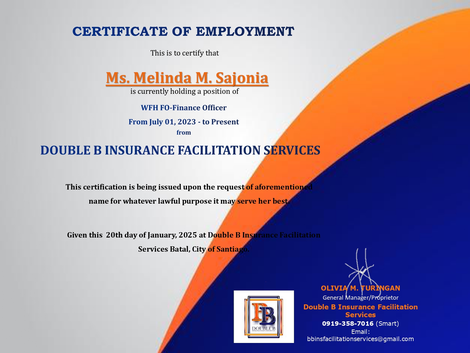 Certificate of Employment - Double B
