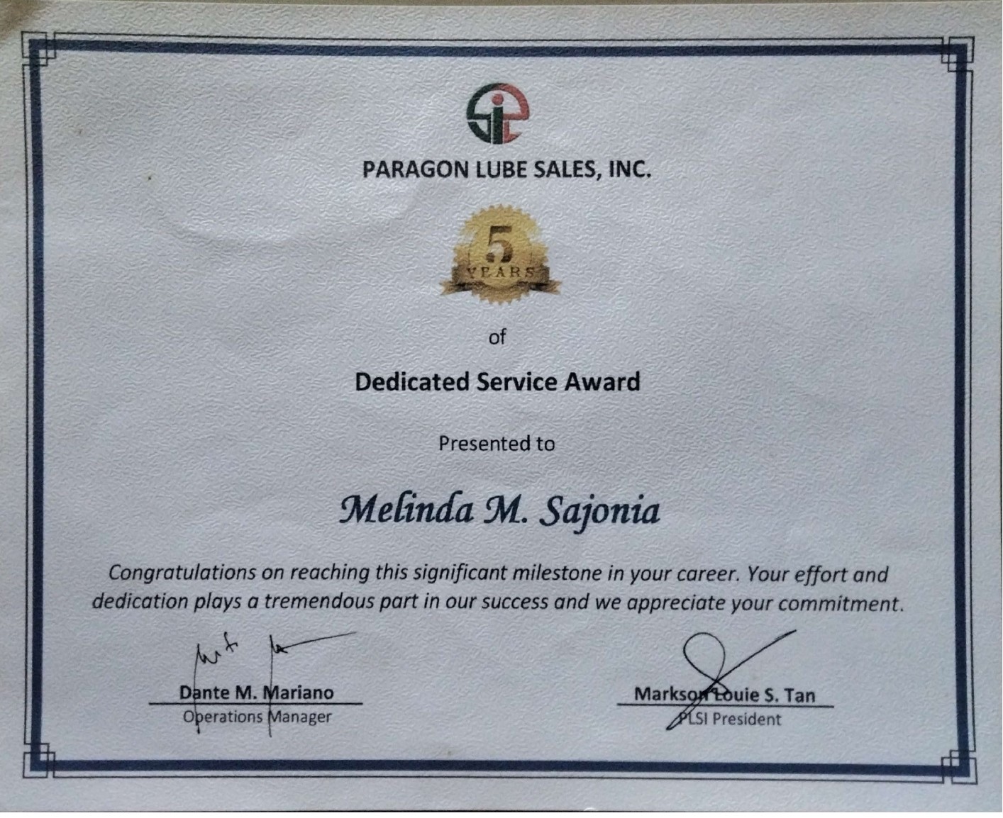 Paragon Lube Sales , INC. 5 Years Service Award