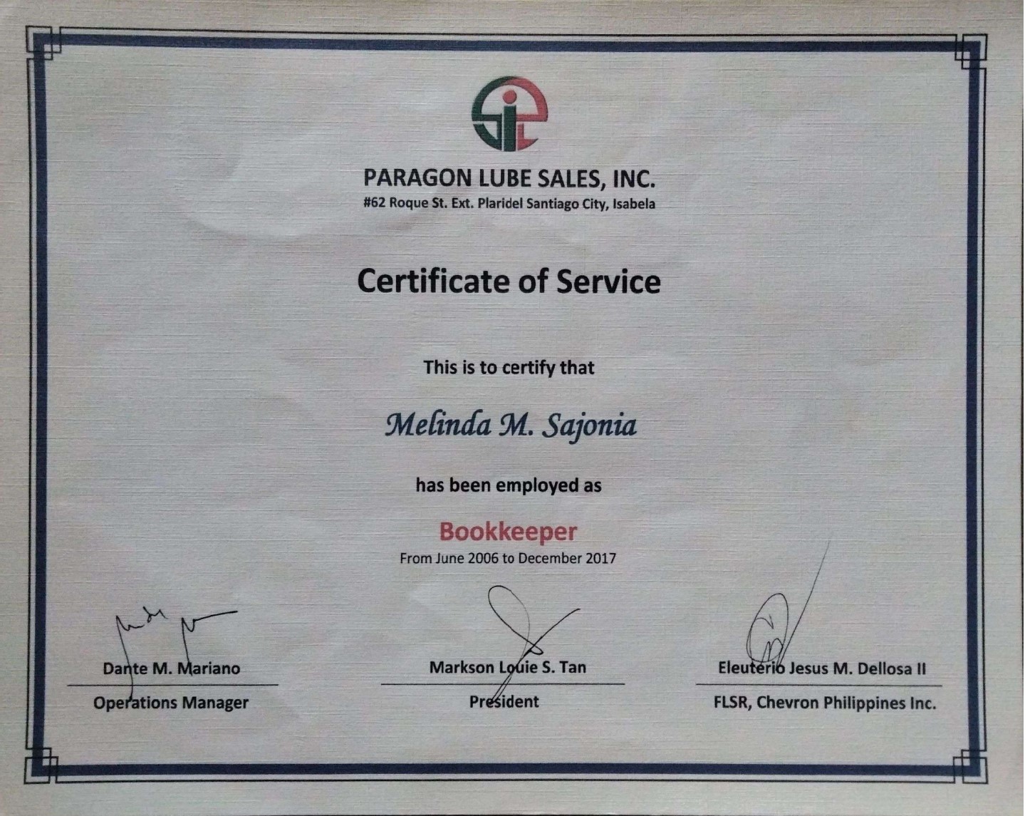 Paragon Lube Sales, Inc. COE