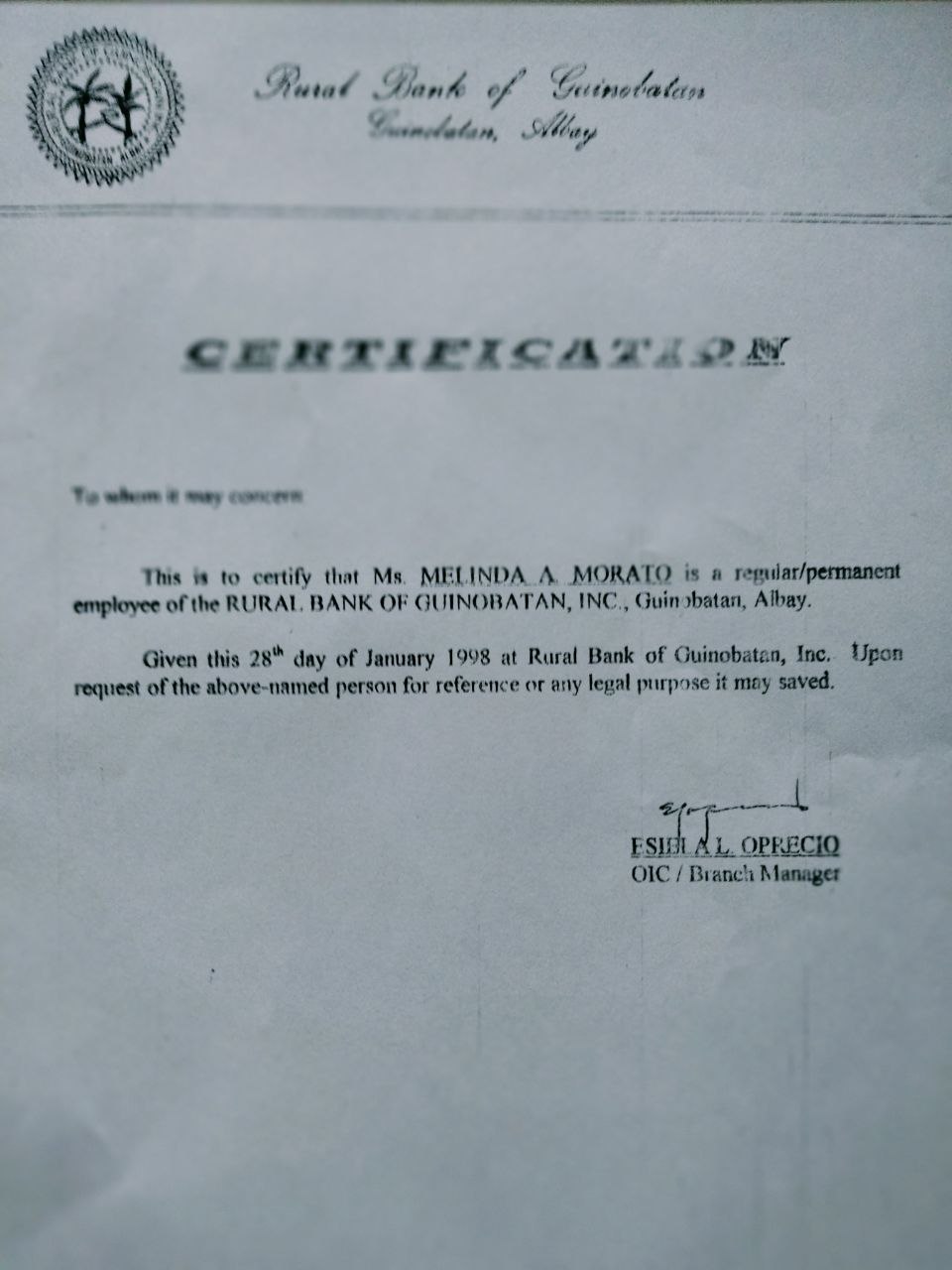 Rural Bank of Guinobatan, Inc.  COE