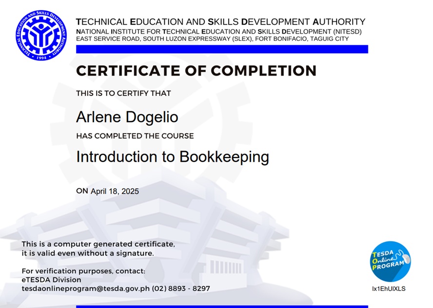 TESDA Intro to Bookkeeping - April 2025