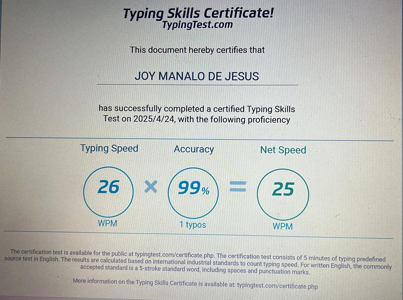 TYPING TEST CERTIFICATE