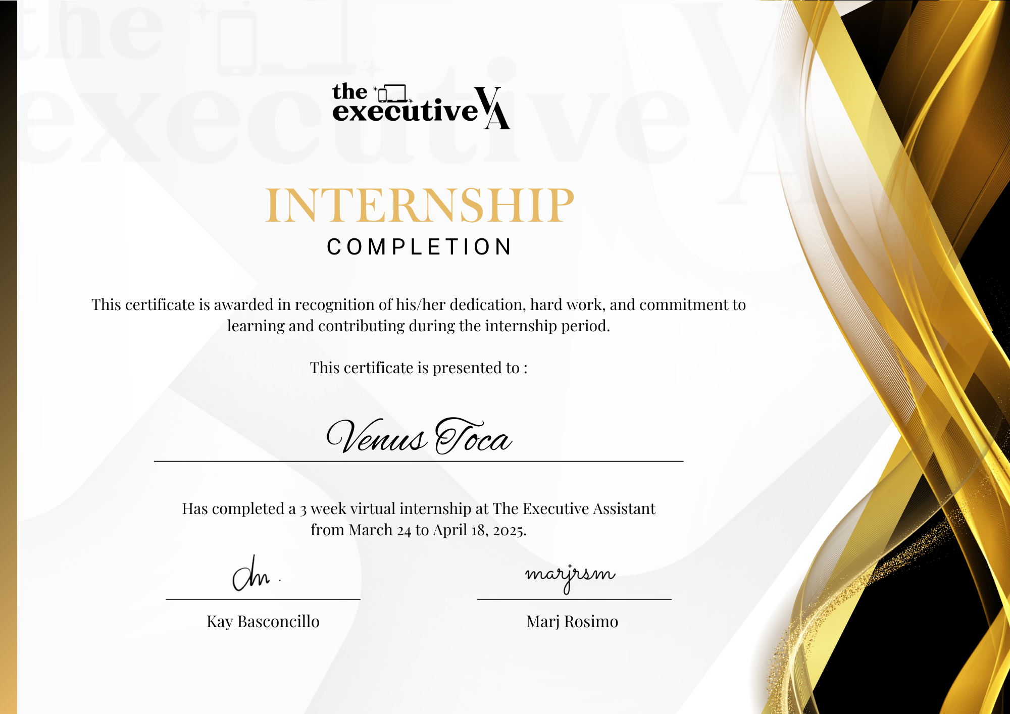 The Executive Assistant Internship Certificate