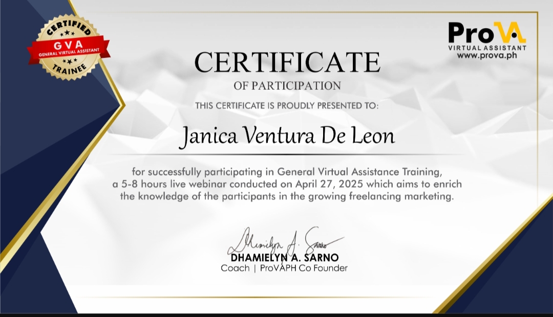Certificate of  General Virtual Assistance Training