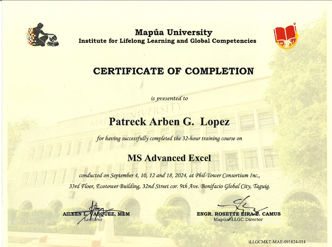 MS Advance Excel Training by Mapua University