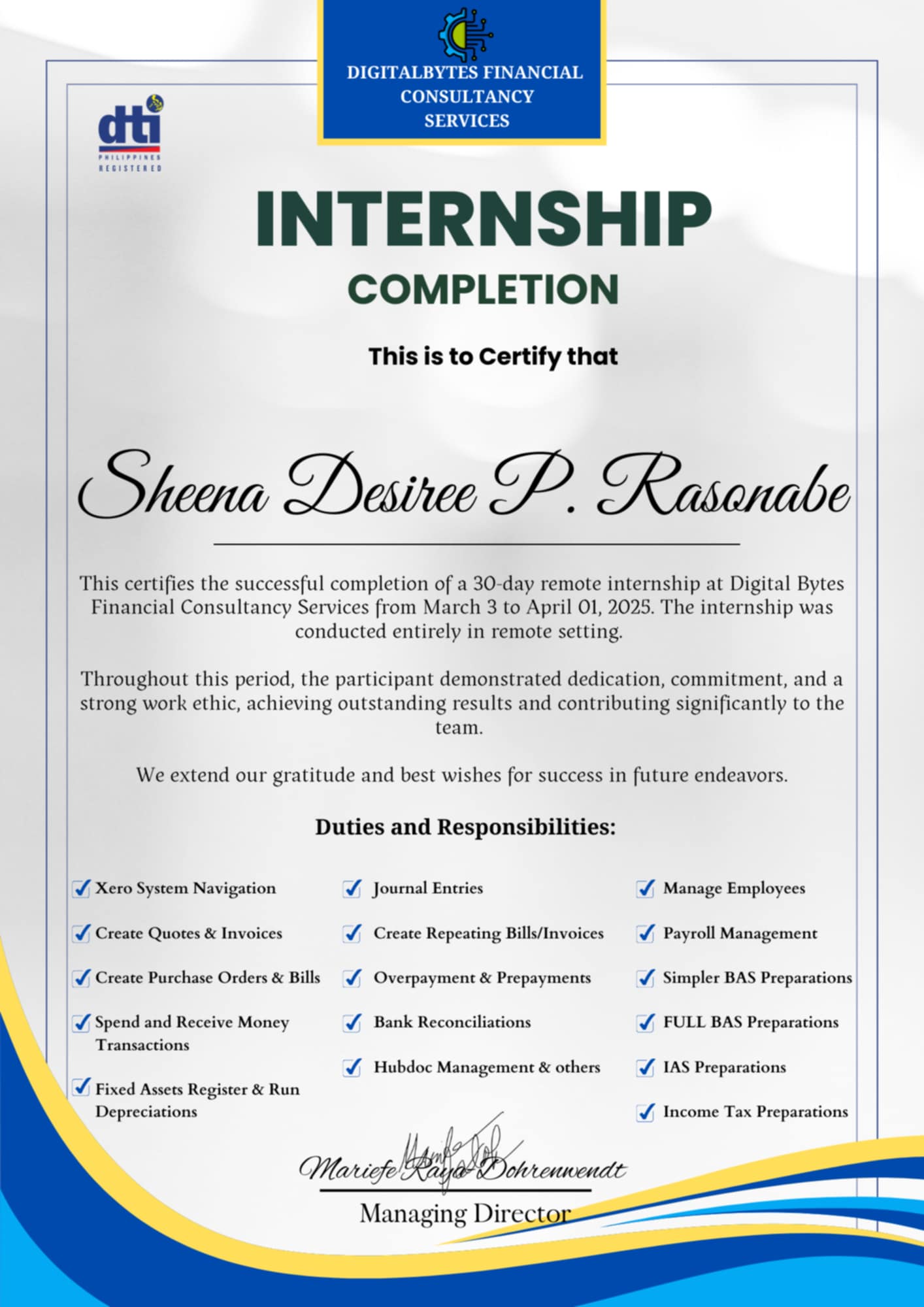 Xero Internship Certificate
