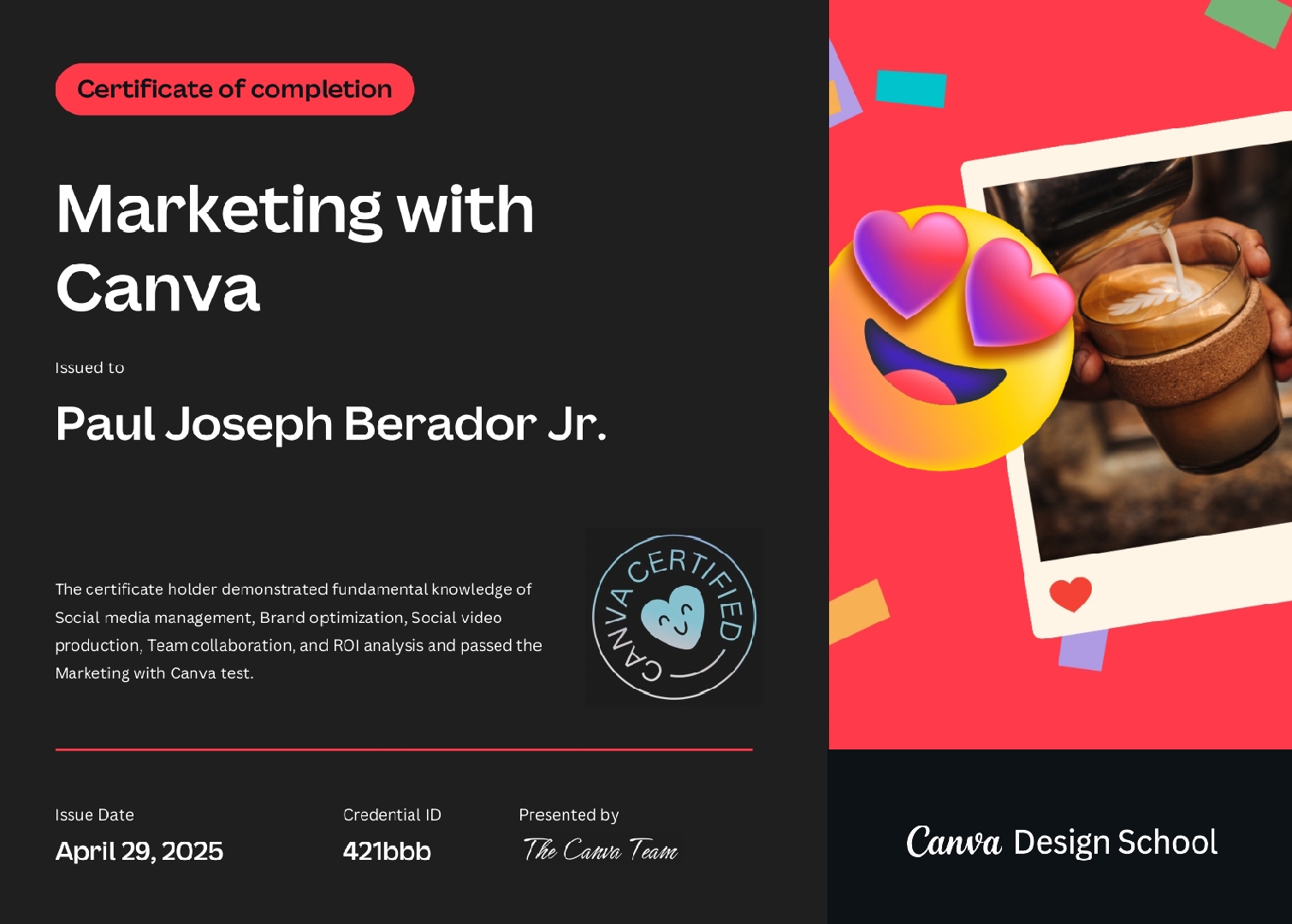 Marketing w/ Canva Certificate of Completion