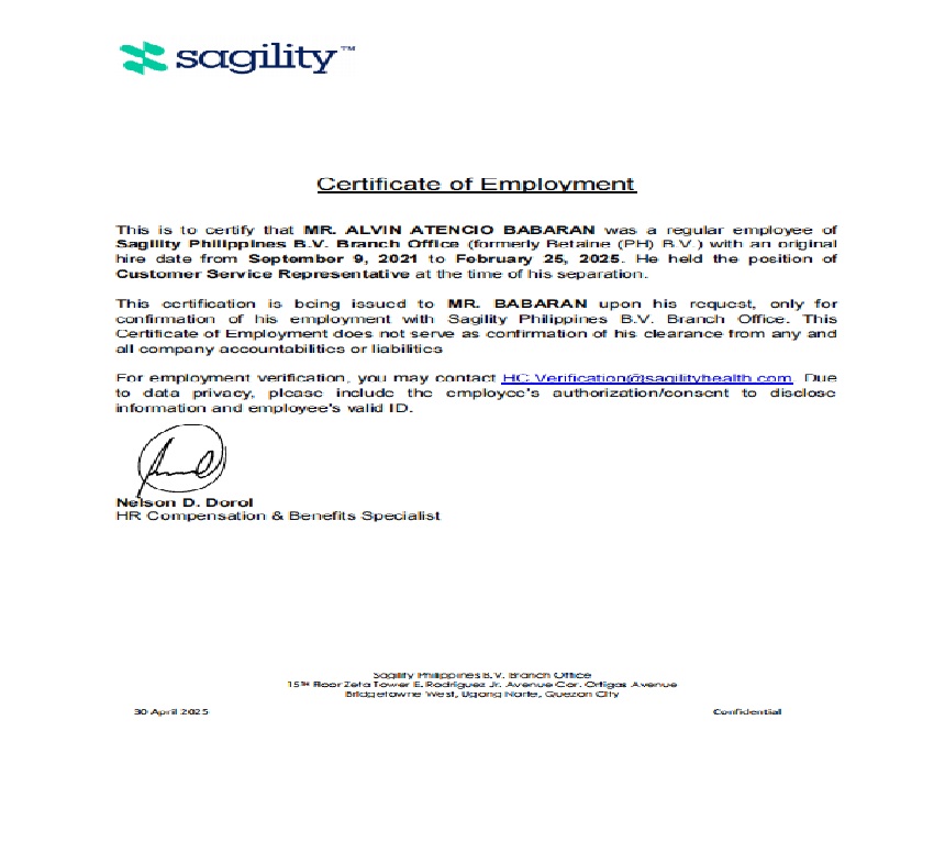 Certificate of Employment