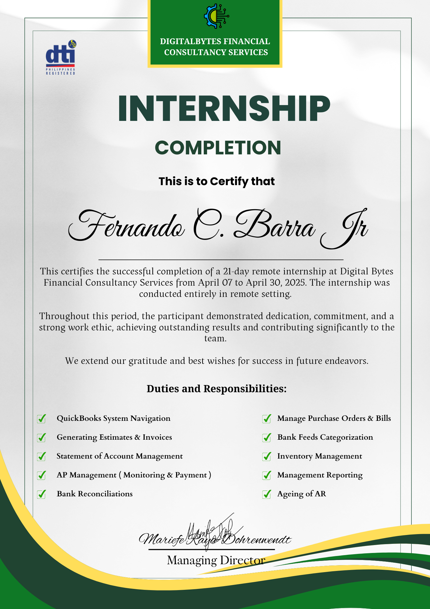 Internship Certificate at Digital Bytes Financial Consultancy Services