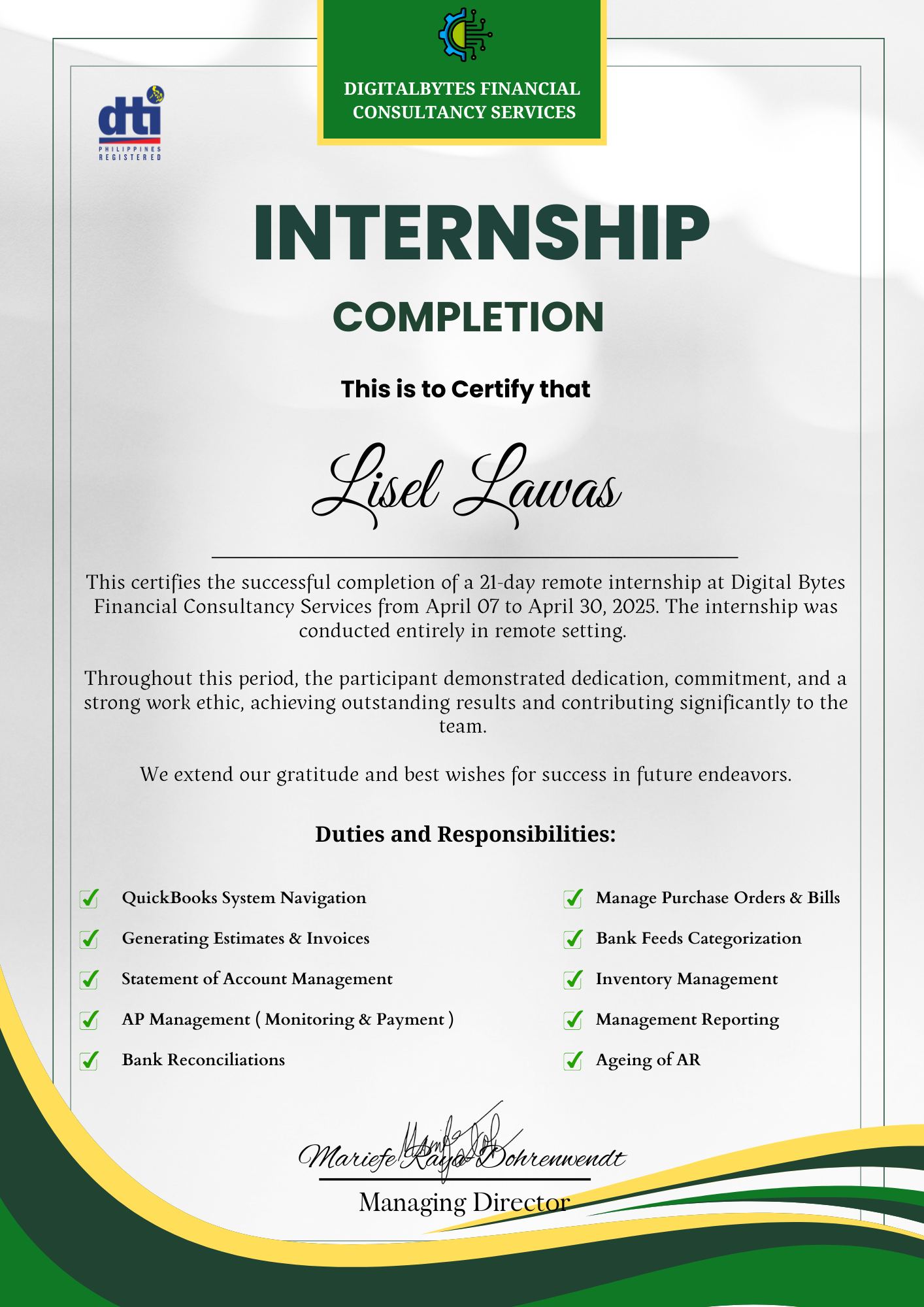 Quickbooks Internship Certificate