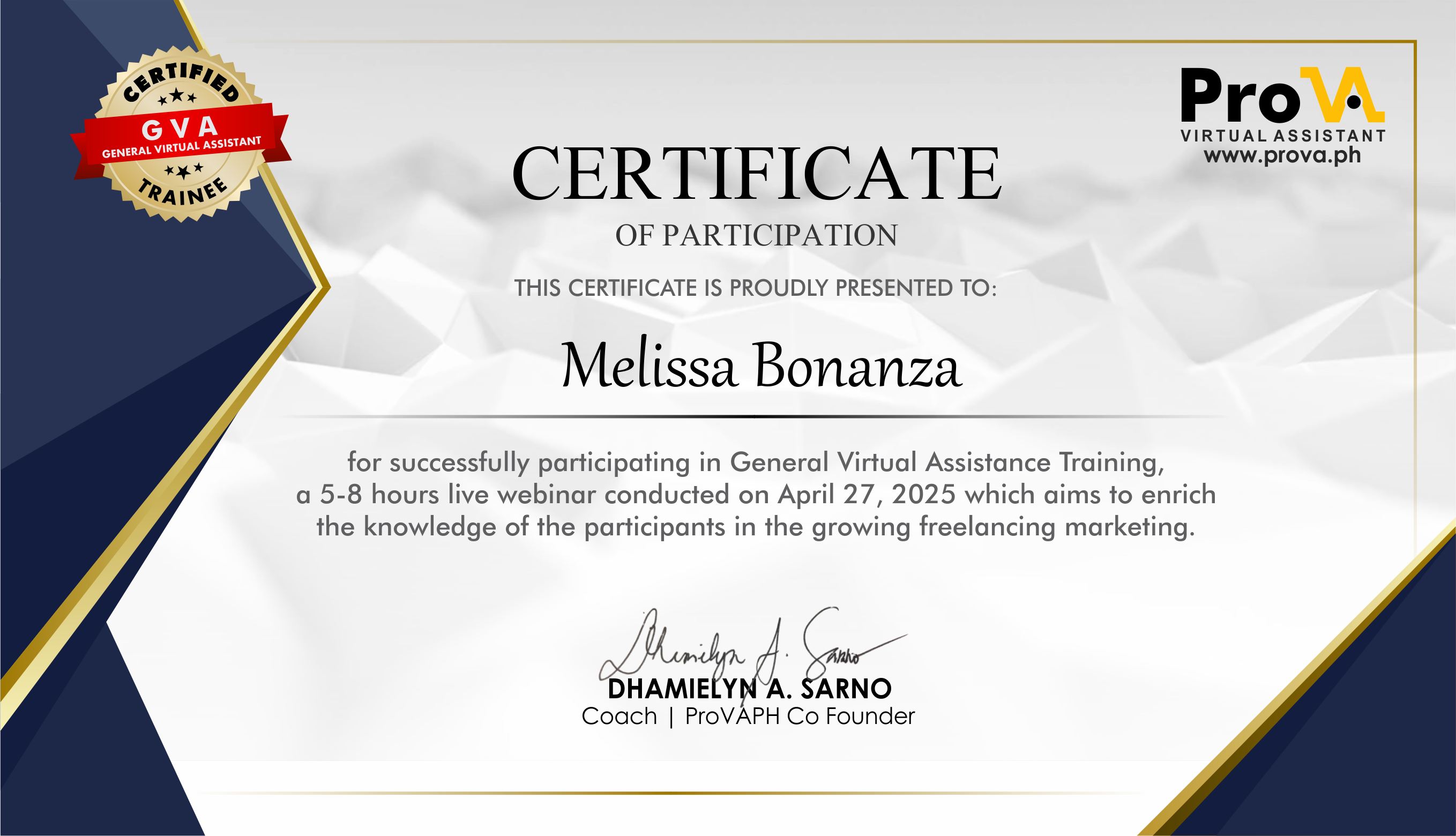 GVA   Training  Certificate