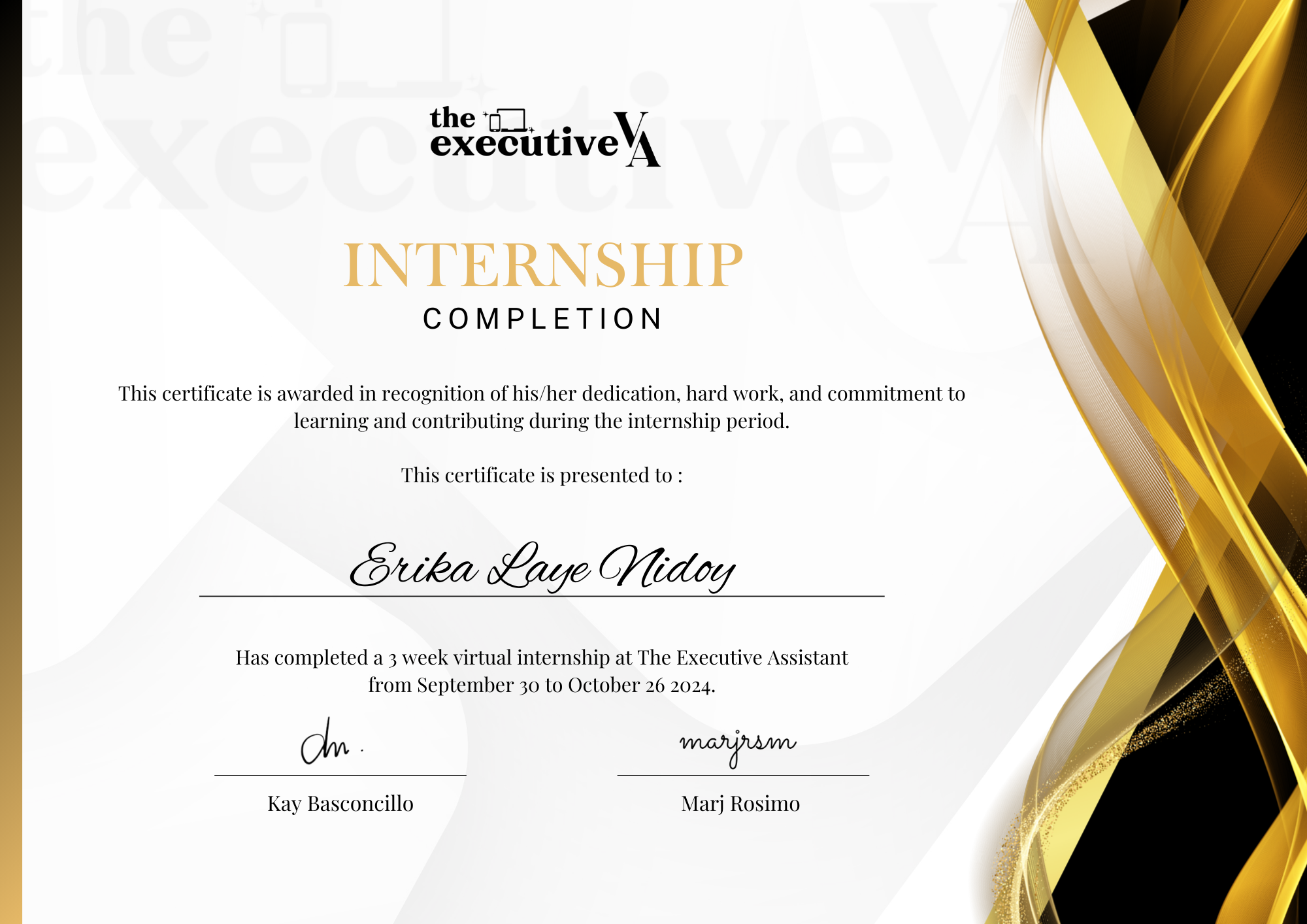 Executive Assistant Internship Completion Certificate