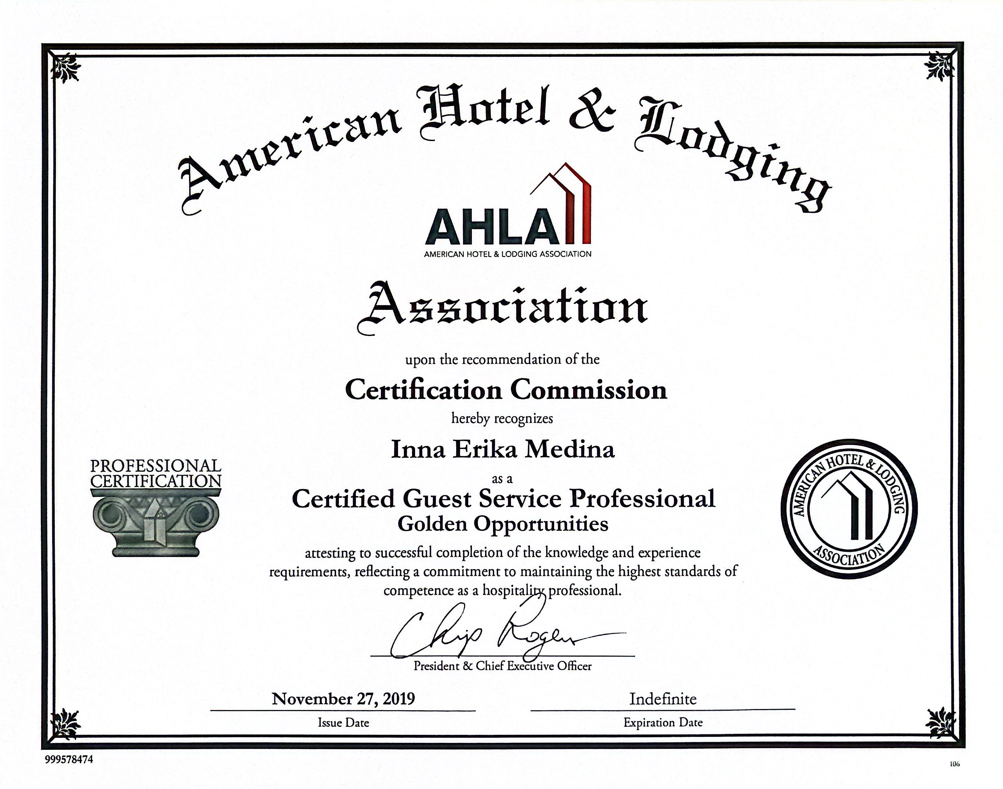 Guest Service Professional Certification by AHLA